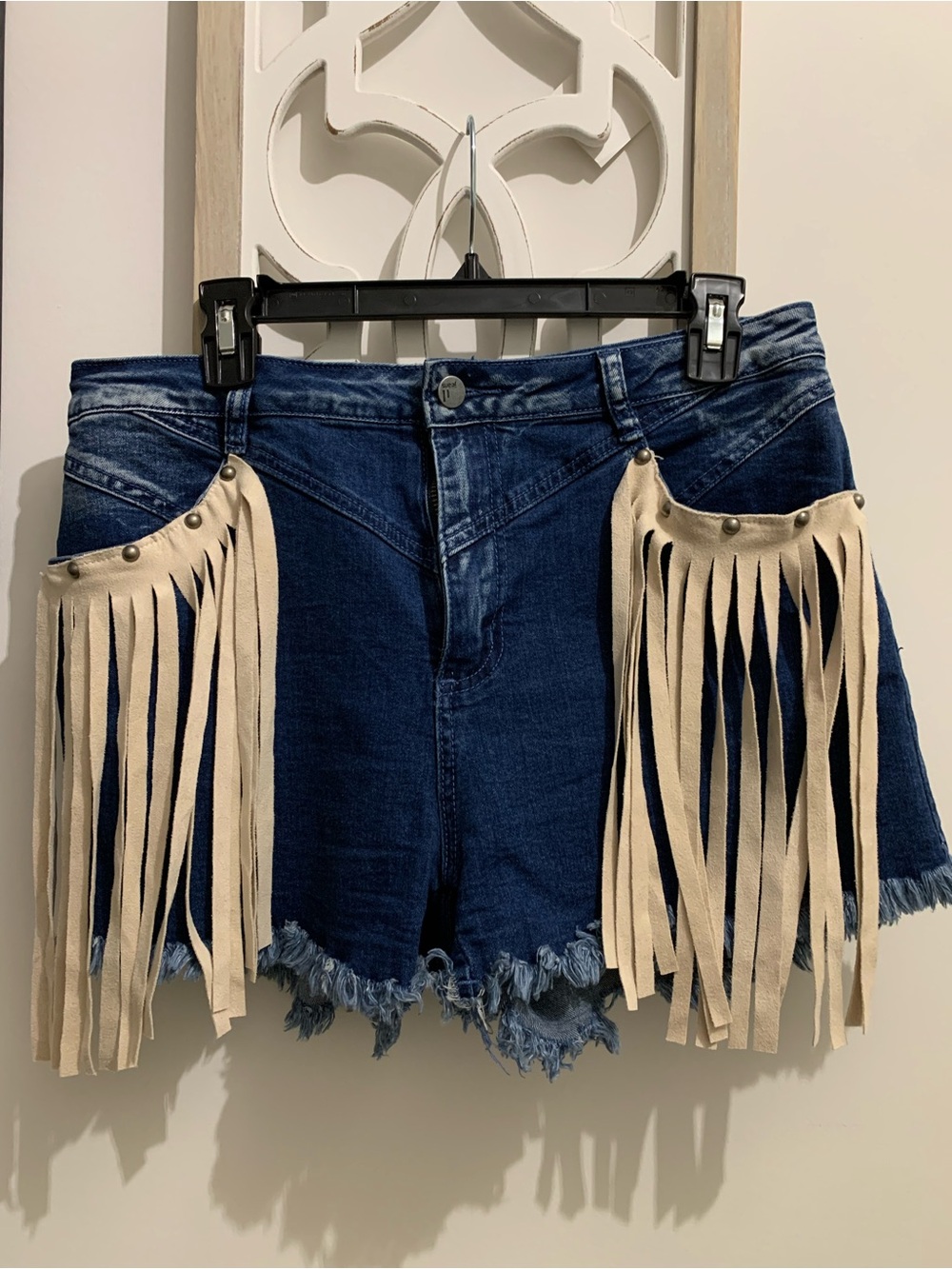 Crazy Train Dark Blue Denim Jean Shorts with Cream Fringe